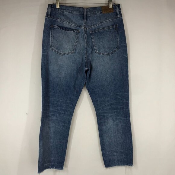 MADEWELL - WOMEN'S 29 BLUE DENIM THE HIGH RISE FRAYED SLIM BOYFRIEND JEANS - Picture 4 of 8